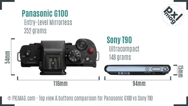 Panasonic G100 vs Sony T90 top view buttons comparison