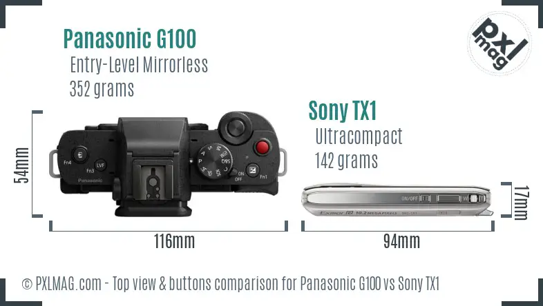 Panasonic G100 vs Sony TX1 top view buttons comparison