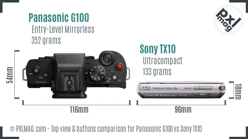 Panasonic G100 vs Sony TX10 top view buttons comparison