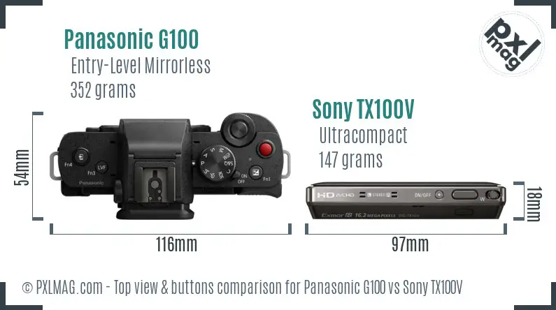 Panasonic G100 vs Sony TX100V top view buttons comparison