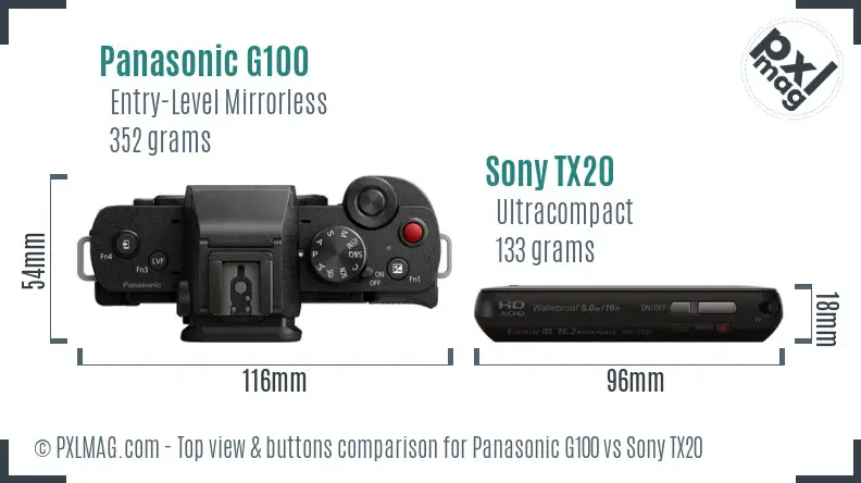 Panasonic G100 vs Sony TX20 top view buttons comparison