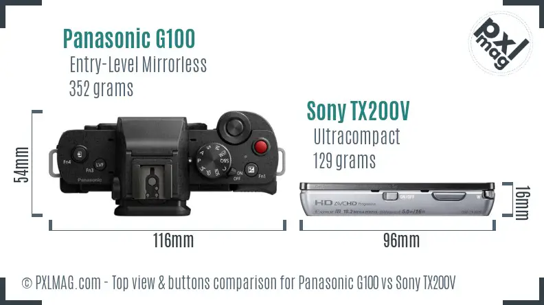 Panasonic G100 vs Sony TX200V top view buttons comparison