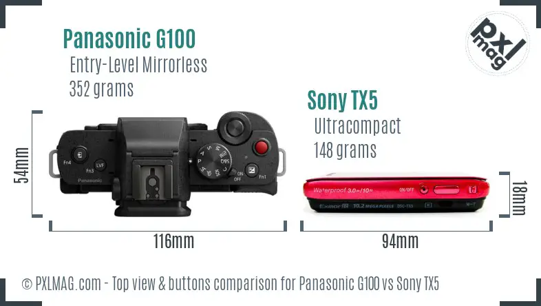 Panasonic G100 vs Sony TX5 top view buttons comparison