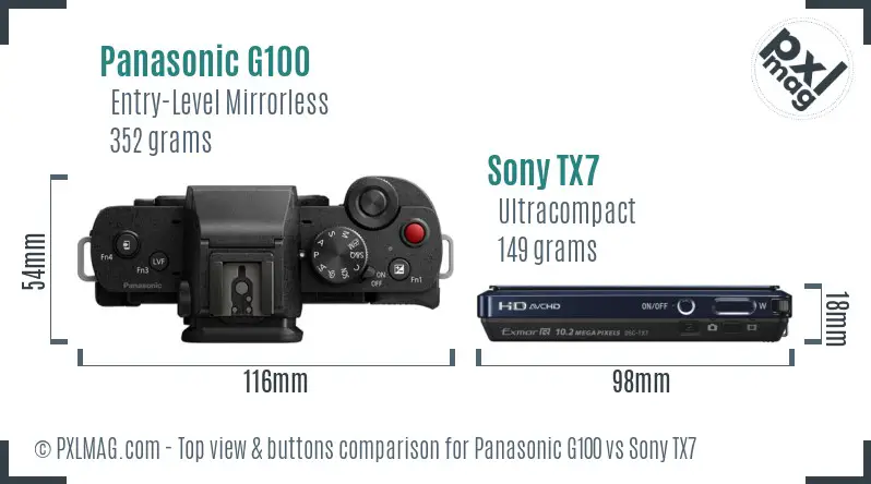 Panasonic G100 vs Sony TX7 top view buttons comparison