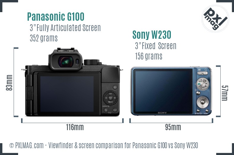 Panasonic G100 vs Sony W230 Screen and Viewfinder comparison