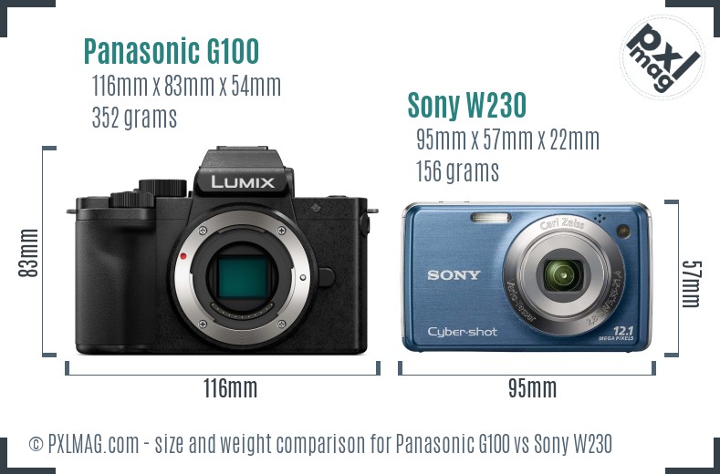 Panasonic G100 vs Sony W230 size comparison