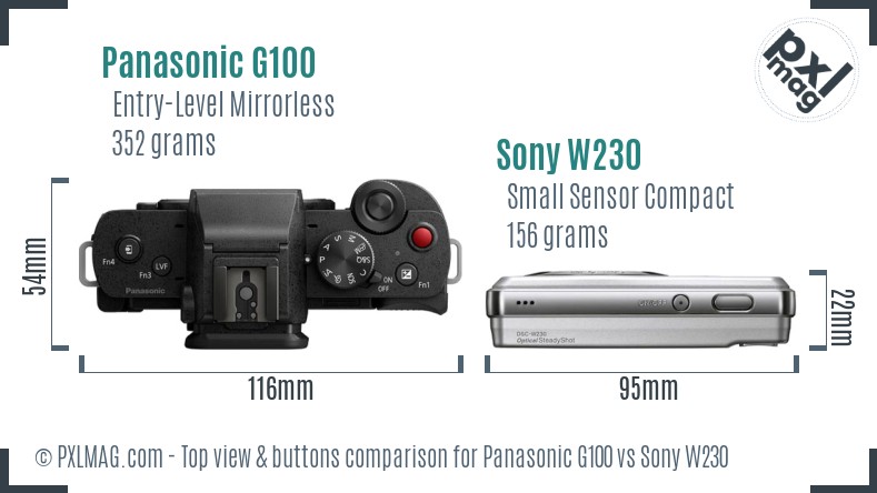 Panasonic G100 vs Sony W230 top view buttons comparison