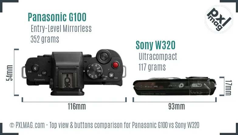 Panasonic G100 vs Sony W320 top view buttons comparison