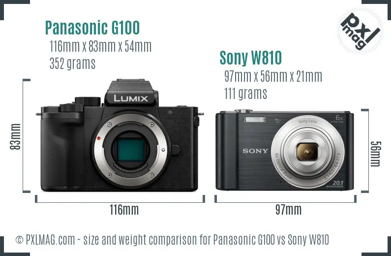 Panasonic G100 vs Sony W810 size comparison