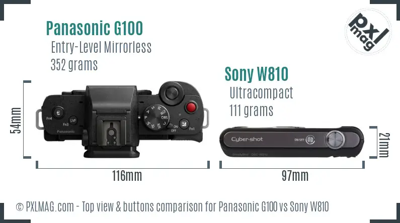 Panasonic G100 vs Sony W810 top view buttons comparison
