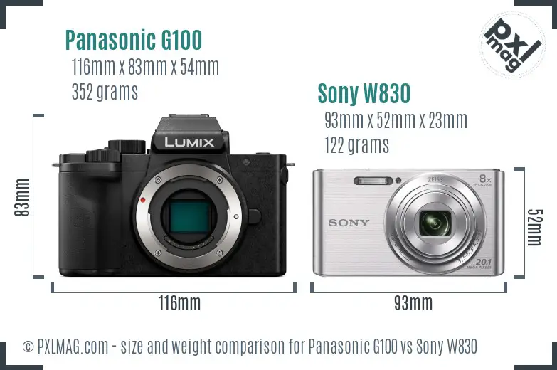 Panasonic G100 vs Sony W830 size comparison