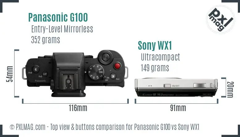 Panasonic G100 vs Sony WX1 top view buttons comparison