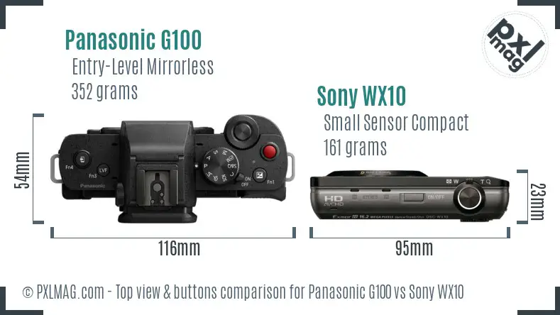 Panasonic G100 vs Sony WX10 top view buttons comparison