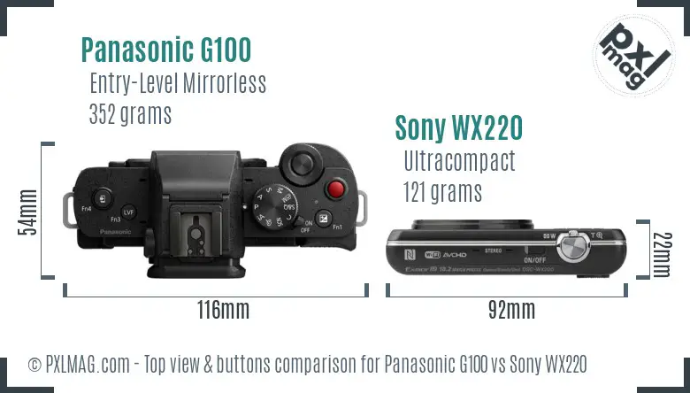 Panasonic G100 vs Sony WX220 top view buttons comparison