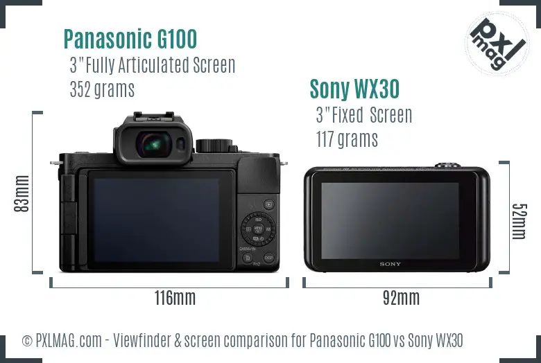 Panasonic G100 vs Sony WX30 Screen and Viewfinder comparison