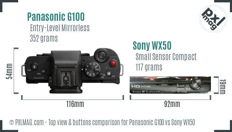 Panasonic G100 vs Sony WX50 top view buttons comparison