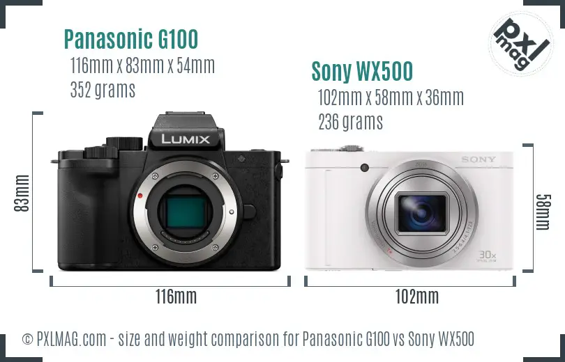 Panasonic G100 vs Sony WX500 size comparison