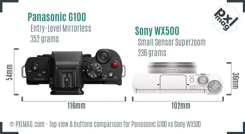 Panasonic G100 vs Sony WX500 top view buttons comparison