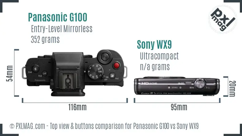 Panasonic G100 vs Sony WX9 top view buttons comparison