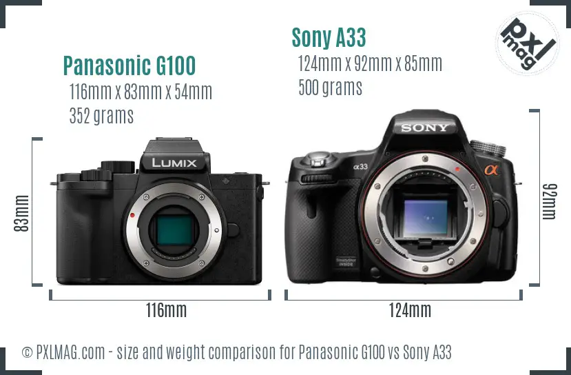 Panasonic G100 vs Sony A33 size comparison