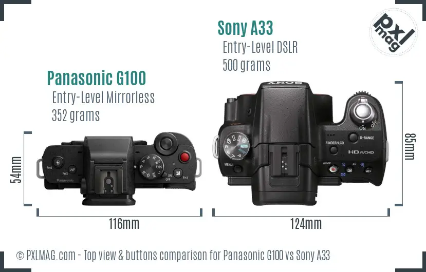 Panasonic G100 vs Sony A33 top view buttons comparison