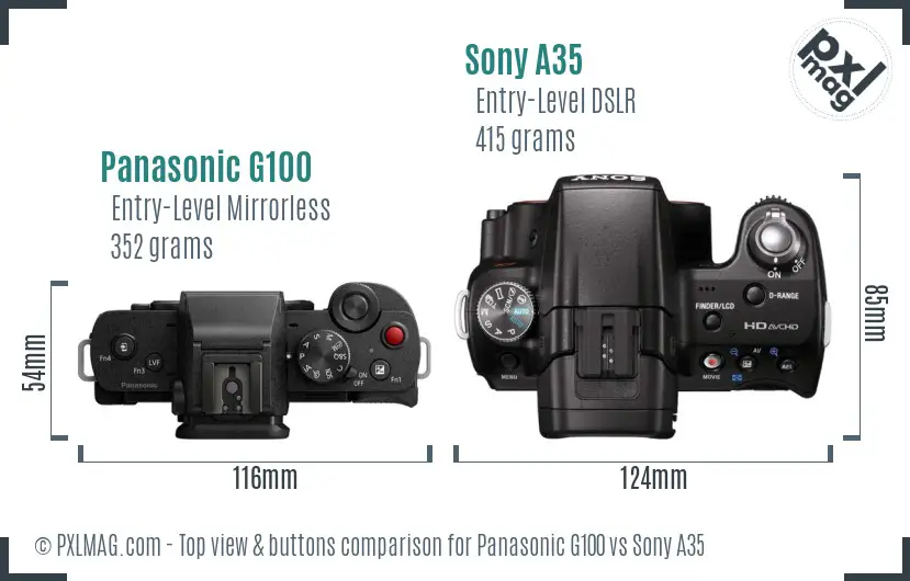 Panasonic G100 vs Sony A35 top view buttons comparison