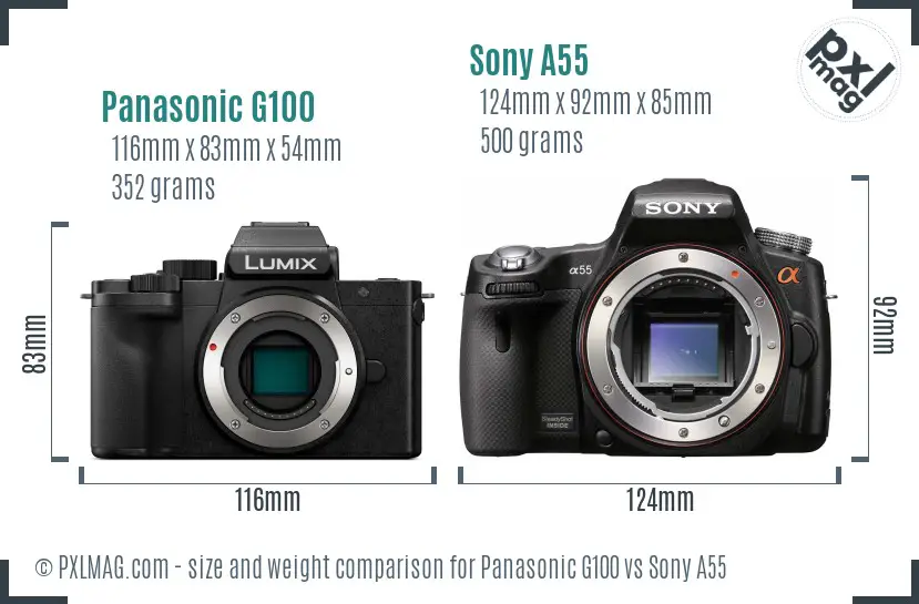 Panasonic G100 vs Sony A55 size comparison