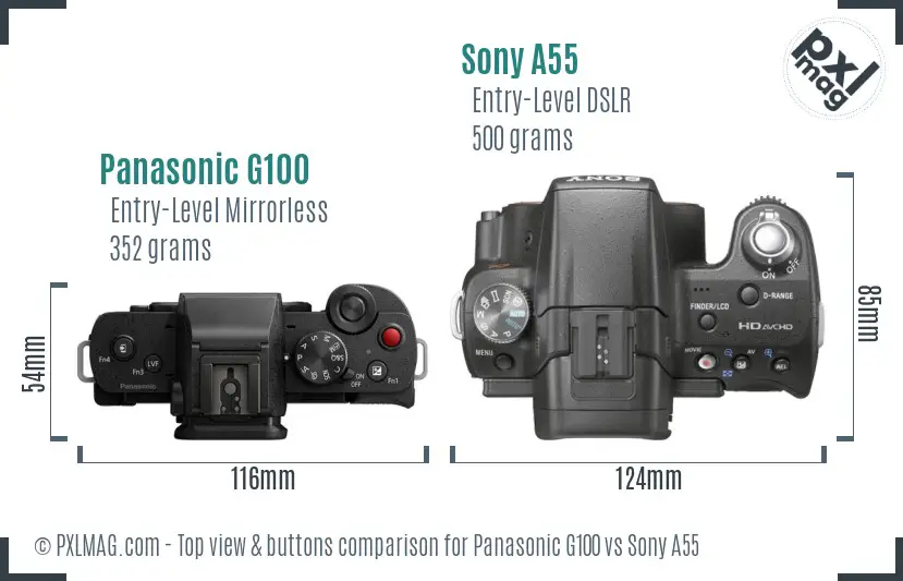 Panasonic G100 vs Sony A55 top view buttons comparison