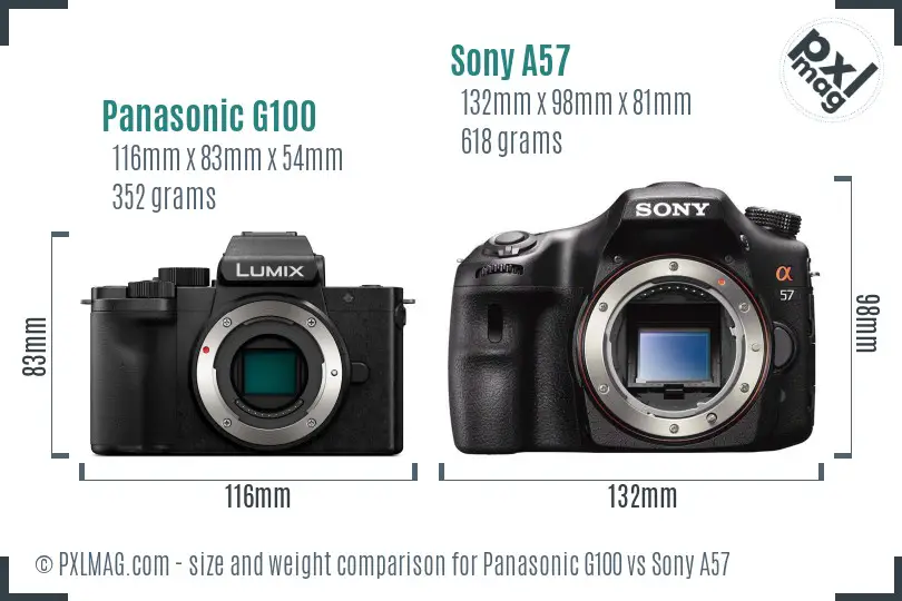 Panasonic G100 vs Sony A57 size comparison