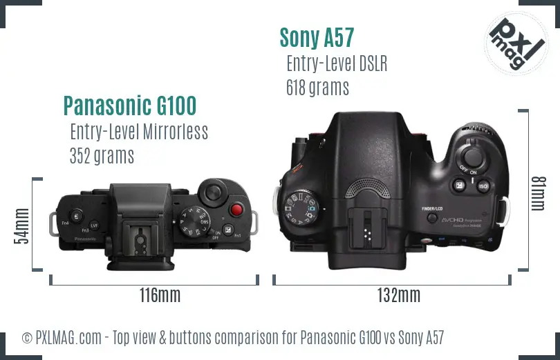 Panasonic G100 vs Sony A57 top view buttons comparison
