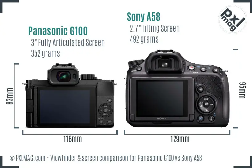 Panasonic G100 vs Sony A58 Screen and Viewfinder comparison