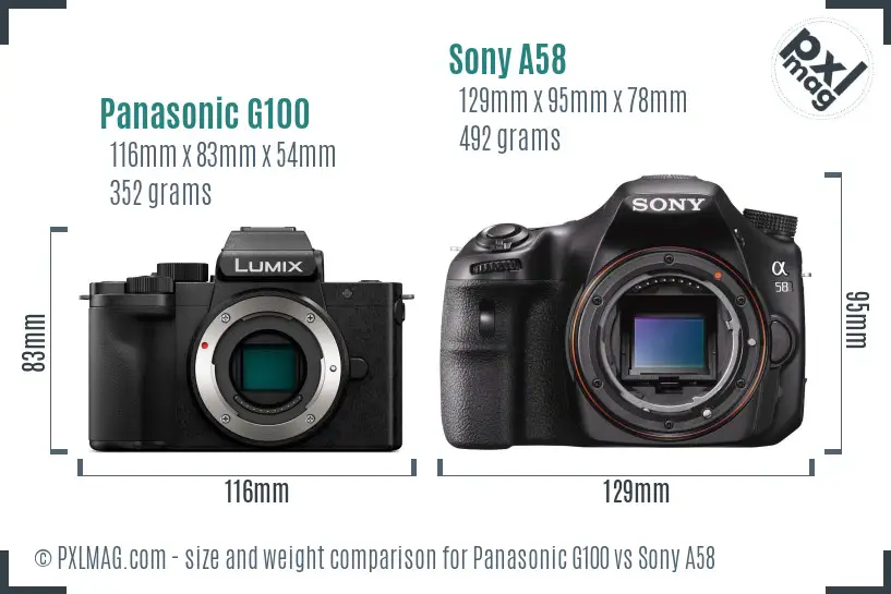 Panasonic G100 vs Sony A58 size comparison