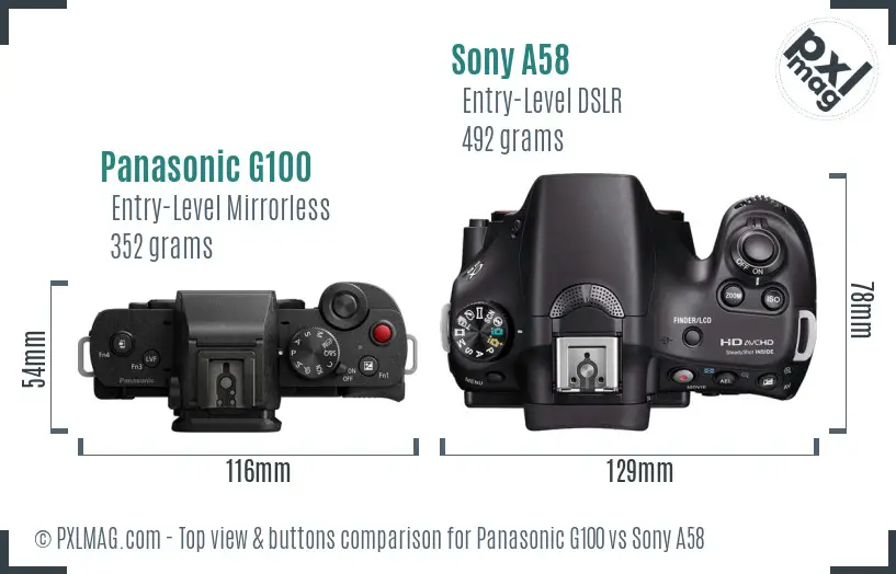 Panasonic G100 vs Sony A58 top view buttons comparison