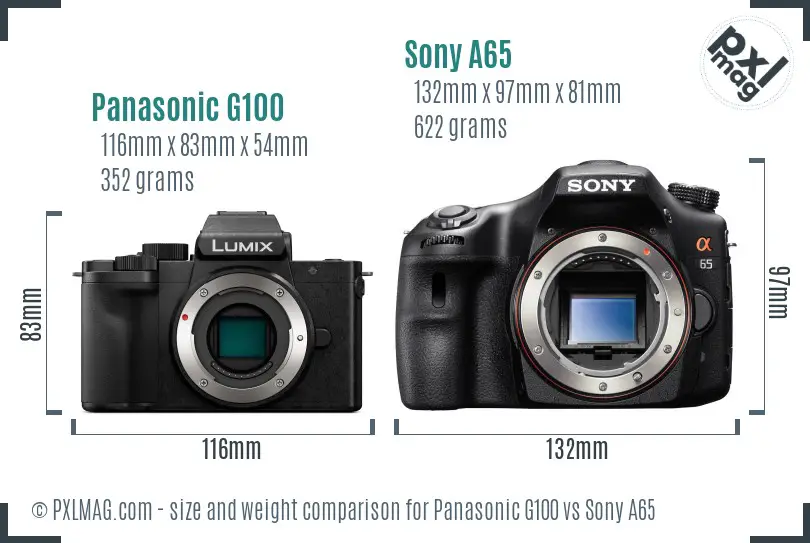 Panasonic G100 vs Sony A65 size comparison