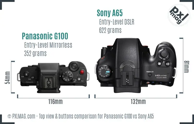 Panasonic G100 vs Sony A65 top view buttons comparison