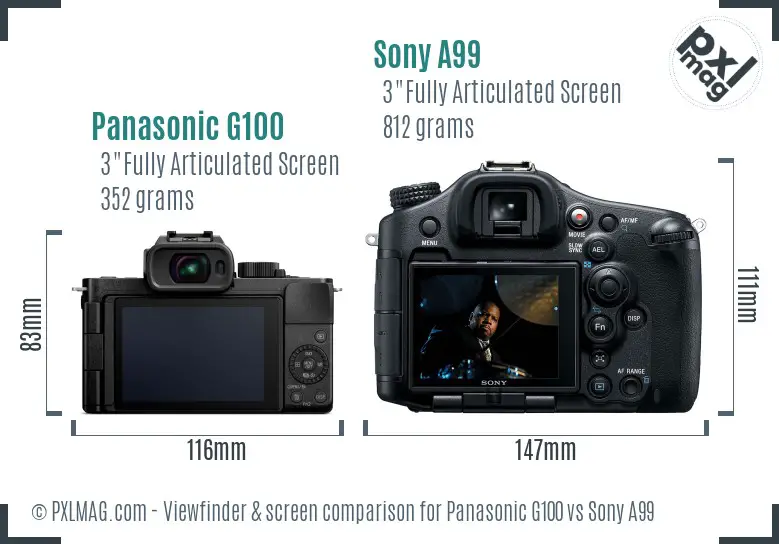 Panasonic G100 vs Sony A99 Screen and Viewfinder comparison