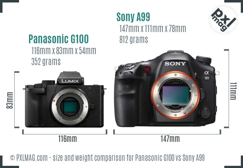 Panasonic G100 vs Sony A99 size comparison