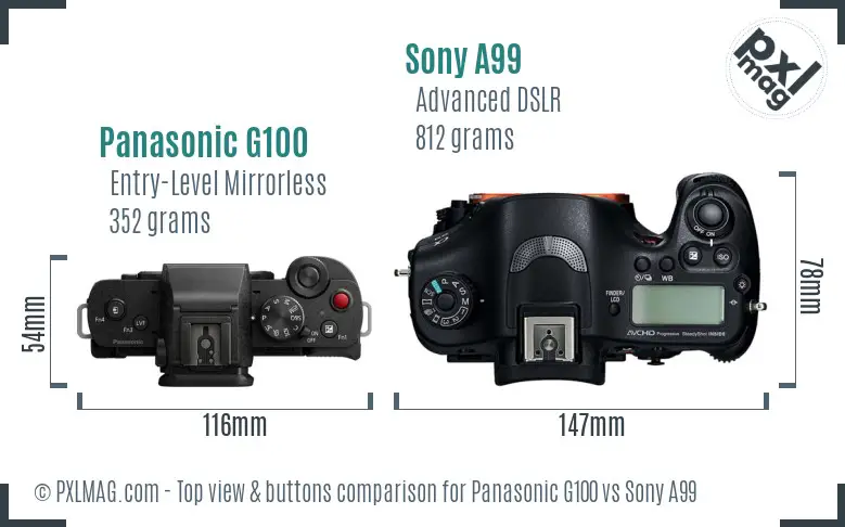 Panasonic G100 vs Sony A99 top view buttons comparison