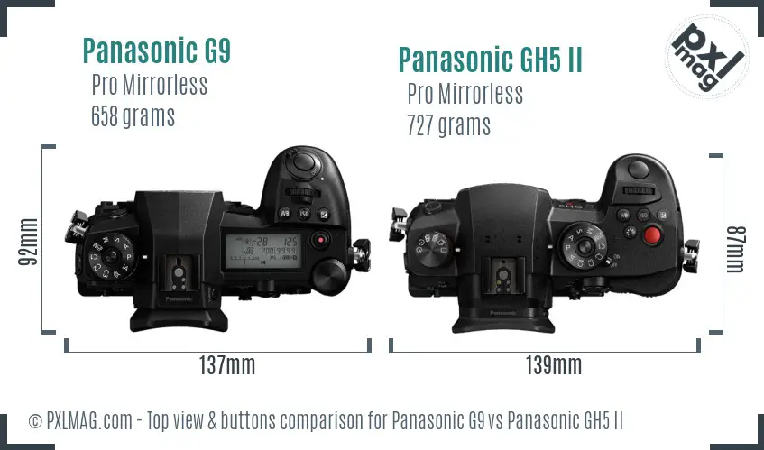 Panasonic G9 vs Panasonic GH5 II top view buttons comparison