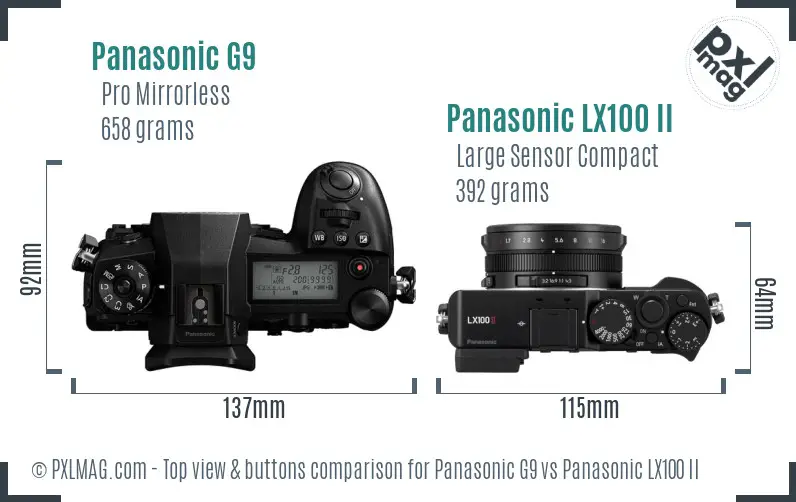 Panasonic G9 vs Panasonic LX100 II top view buttons comparison