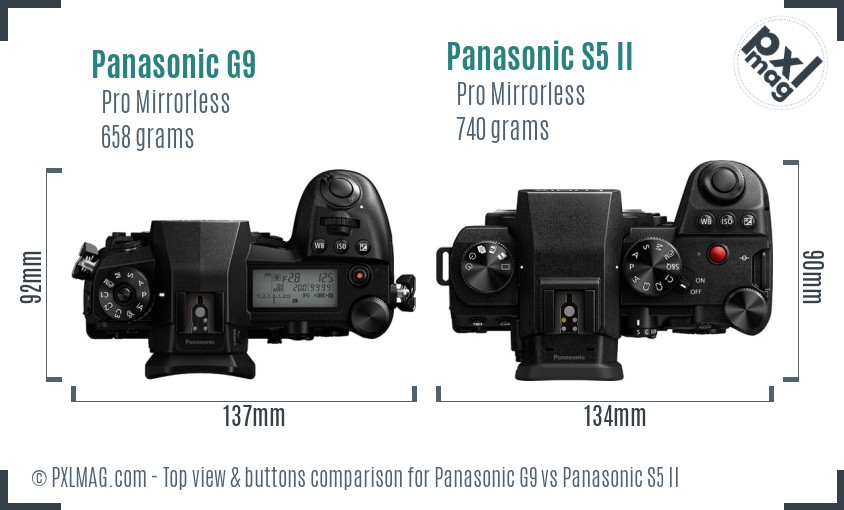 Panasonic G9 vs Panasonic S5 II top view buttons comparison