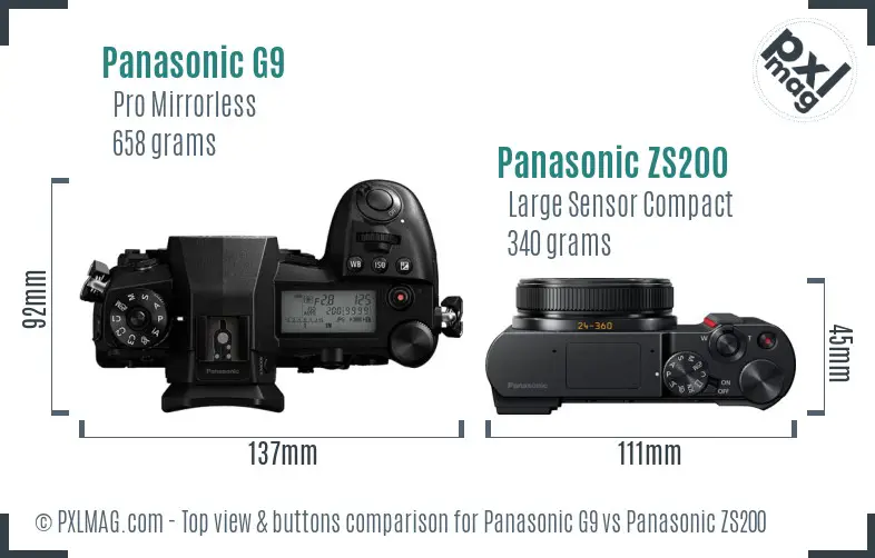 Panasonic G9 vs Panasonic ZS200 top view buttons comparison
