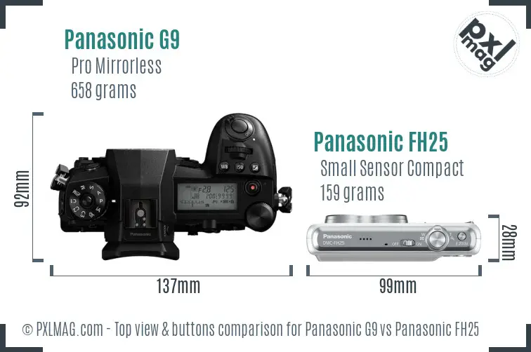 Panasonic G9 vs Panasonic FH25 top view buttons comparison