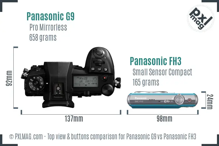 Panasonic G9 vs Panasonic FH3 top view buttons comparison