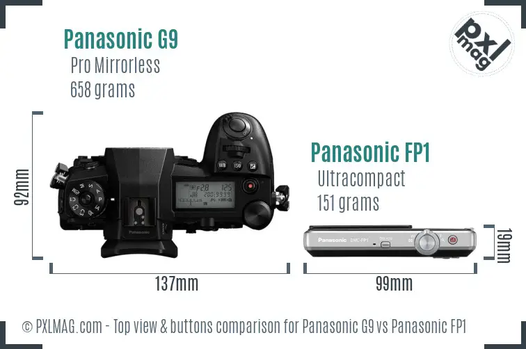 Panasonic G9 vs Panasonic FP1 top view buttons comparison