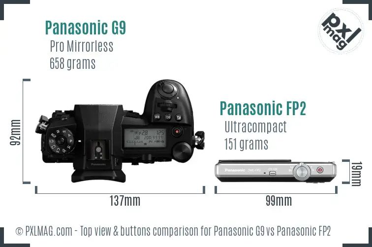 Panasonic G9 vs Panasonic FP2 top view buttons comparison