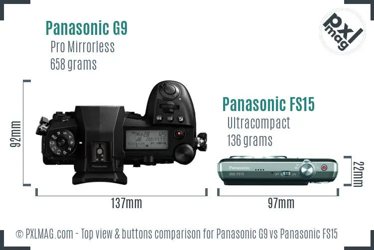 Panasonic G9 vs Panasonic FS15 top view buttons comparison