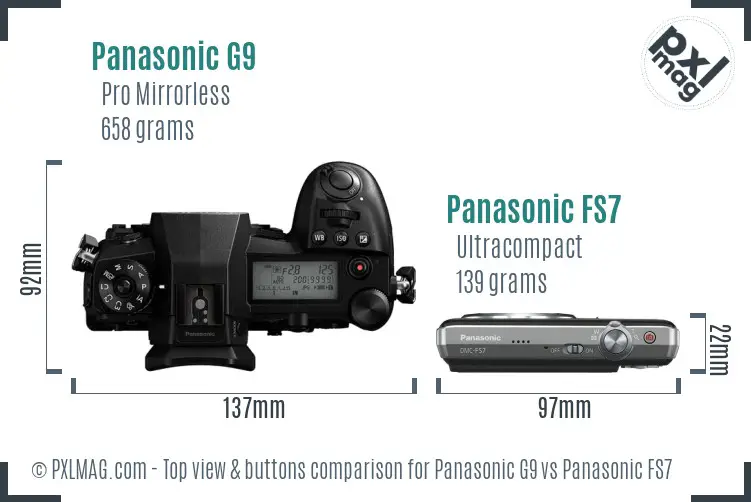 Panasonic G9 vs Panasonic FS7 top view buttons comparison