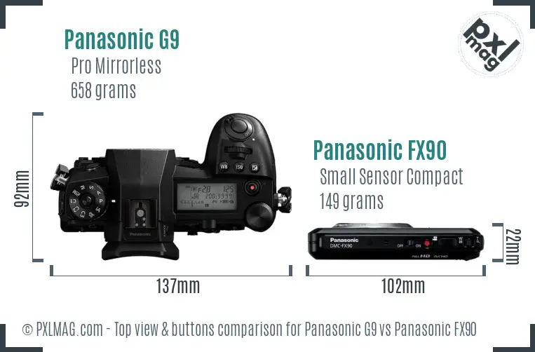 Panasonic G9 vs Panasonic FX90 top view buttons comparison Panasonic G9 vs Panasonic FX90 top view buttons comparison