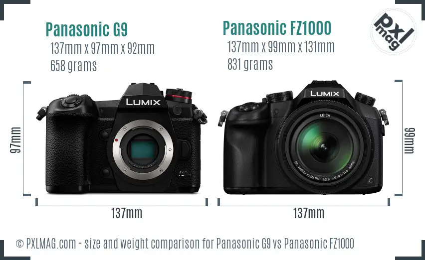 Panasonic G9 vs Panasonic FZ1000 size comparison